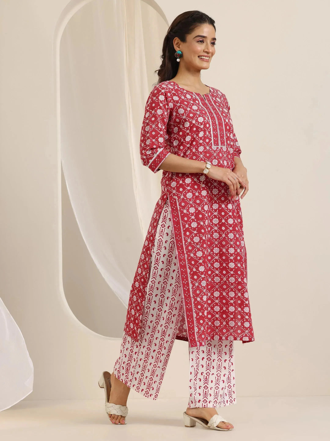  Red Printed Cotton Straight Suit Set With Dupatta 