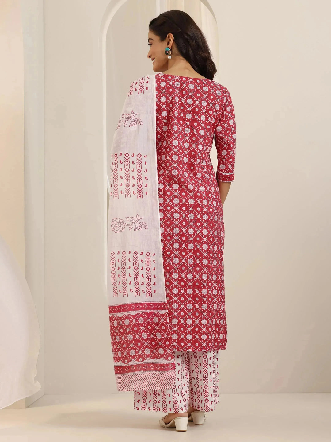  Red Printed Cotton Straight Suit Set With Dupatta 