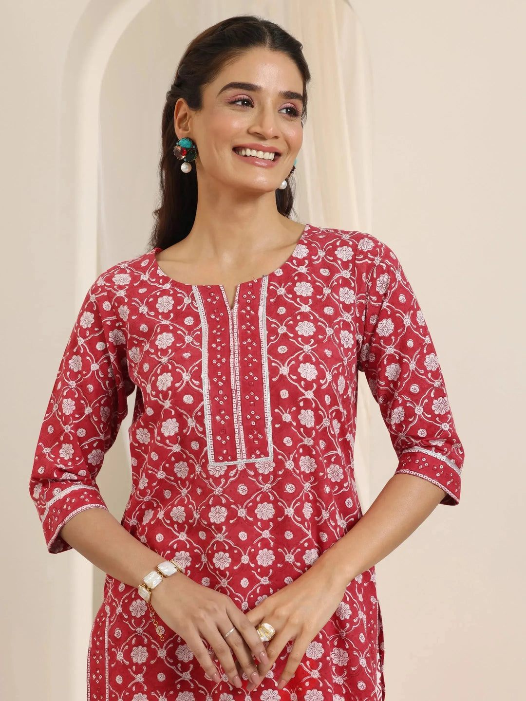  Red Printed Cotton Straight Suit Set With Dupatta 