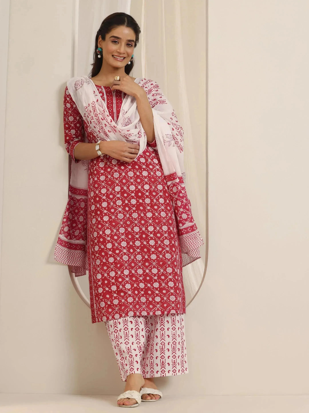  Red Printed Cotton Straight Suit Set With Dupatta 