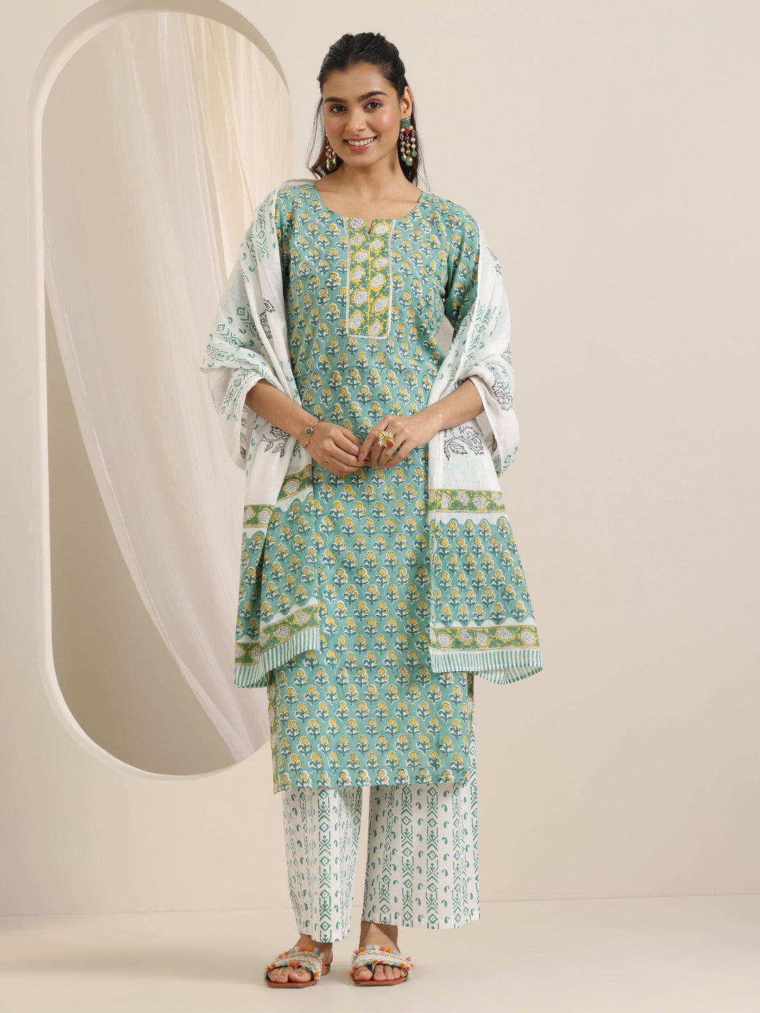  Green Printed Cotton Straight Suit Set With Dupatta 