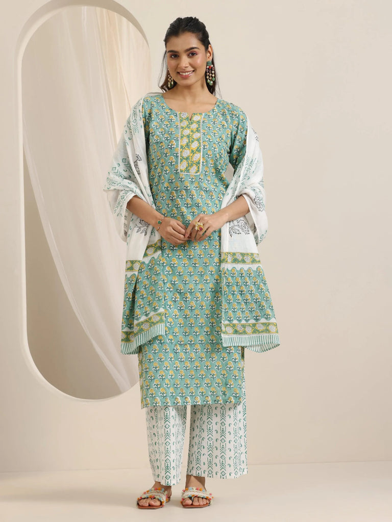 Libas Green Printed Cotton Straight Suit Set With Dupatta