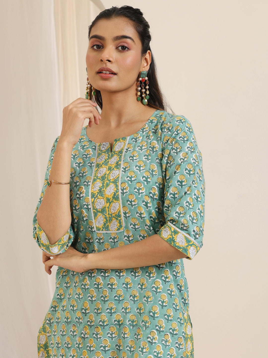  Green Printed Cotton Straight Suit Set With Dupatta 