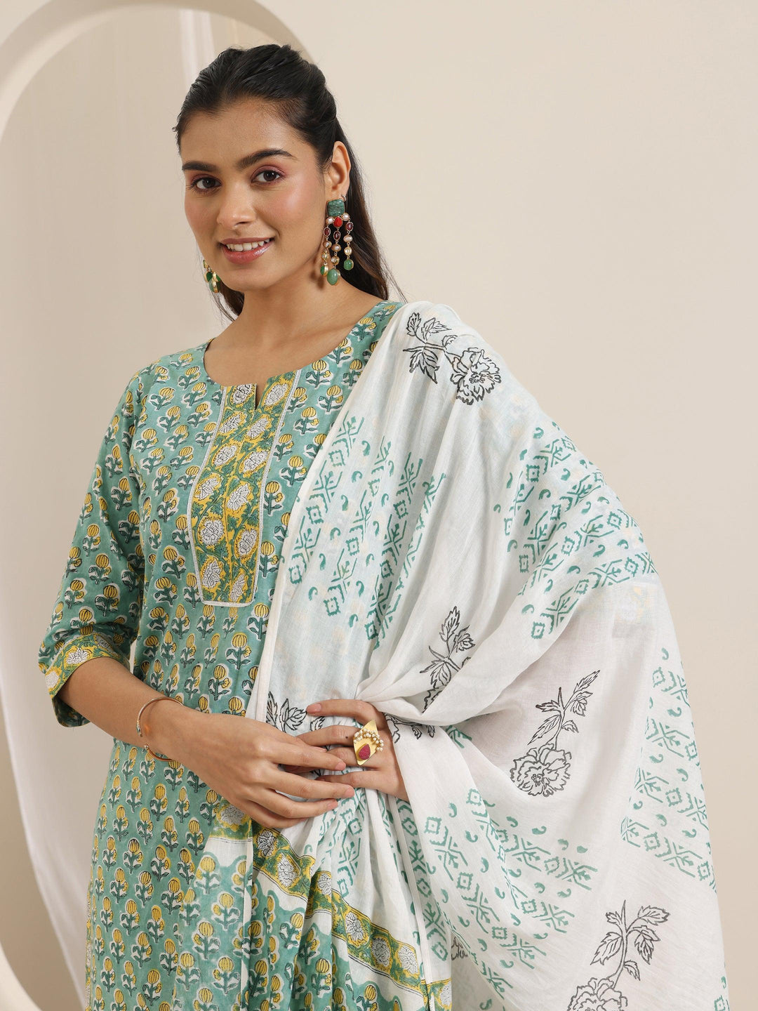  Green Printed Cotton Straight Suit Set With Dupatta 