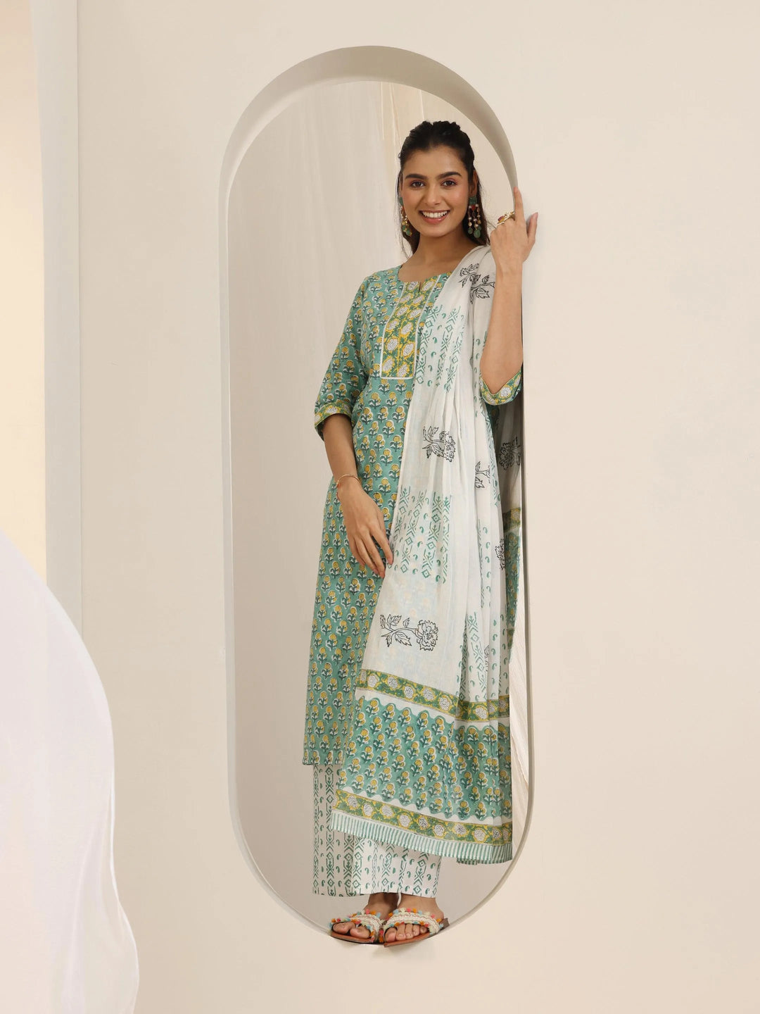  Green Printed Cotton Straight Suit Set With Dupatta 