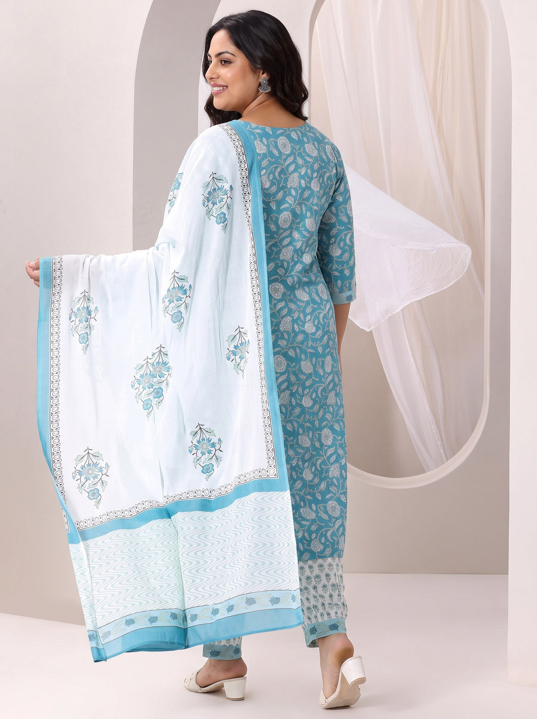  Plus Size Blue Floral Printed Cotton Straight Suit Set 