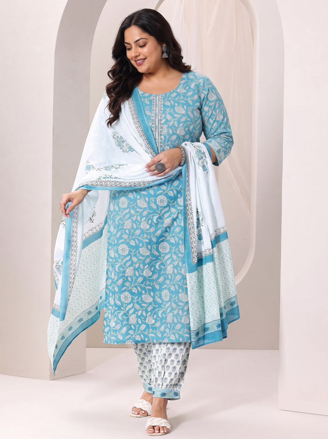  Plus Size Blue Floral Printed Cotton Straight Suit Set 