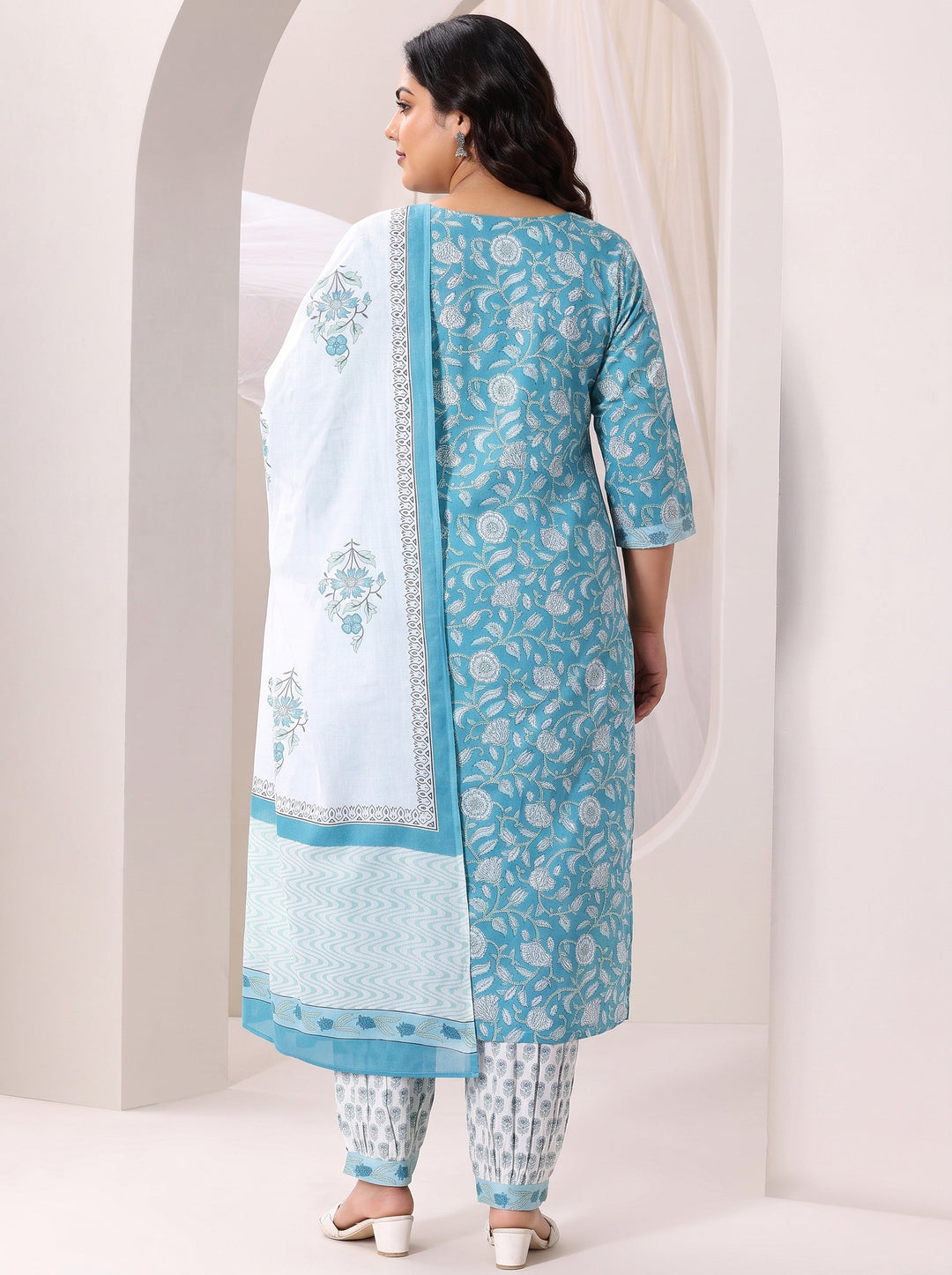  Plus Size Blue Floral Printed Cotton Straight Suit Set 