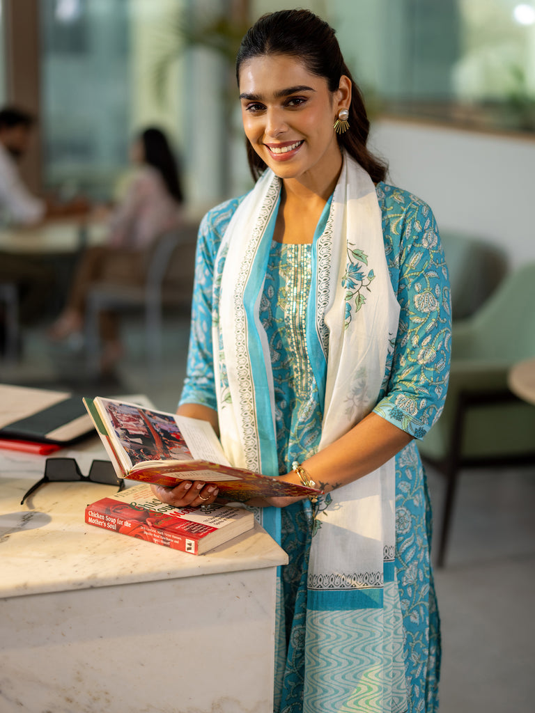 Libas Blue Printed Cotton Straight Suit Set With Dupatta