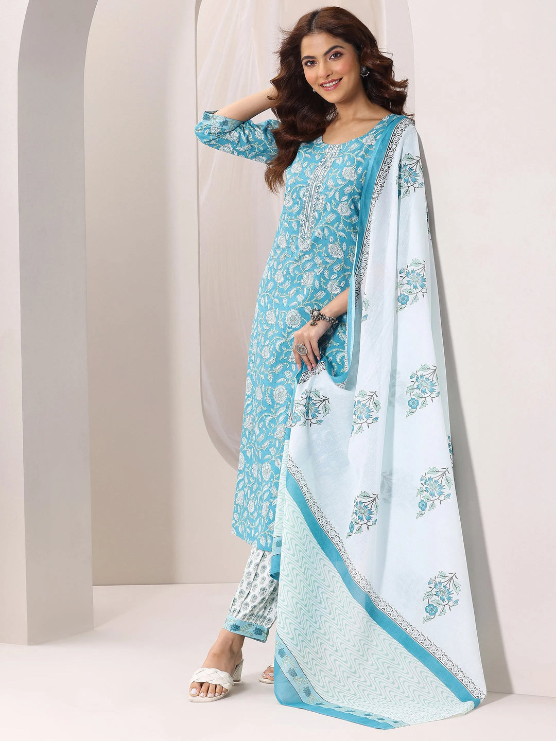  Blue Printed Cotton Straight Suit Set With Dupatta 