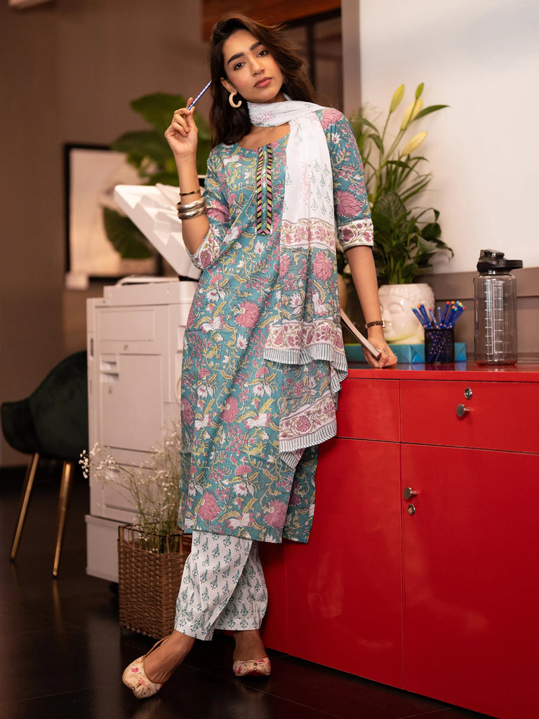 Libas Blue Printed Cotton Straight Suit With Dupatta