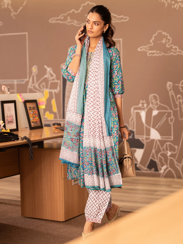 Libas Blue Printed Cotton Straight Suit With Dupatta