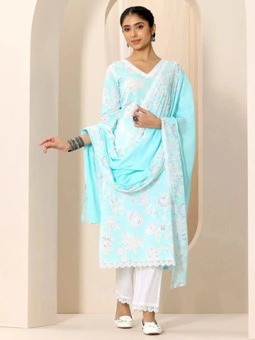 Blue Printed Cotton Straight Suit Set With Dupatta