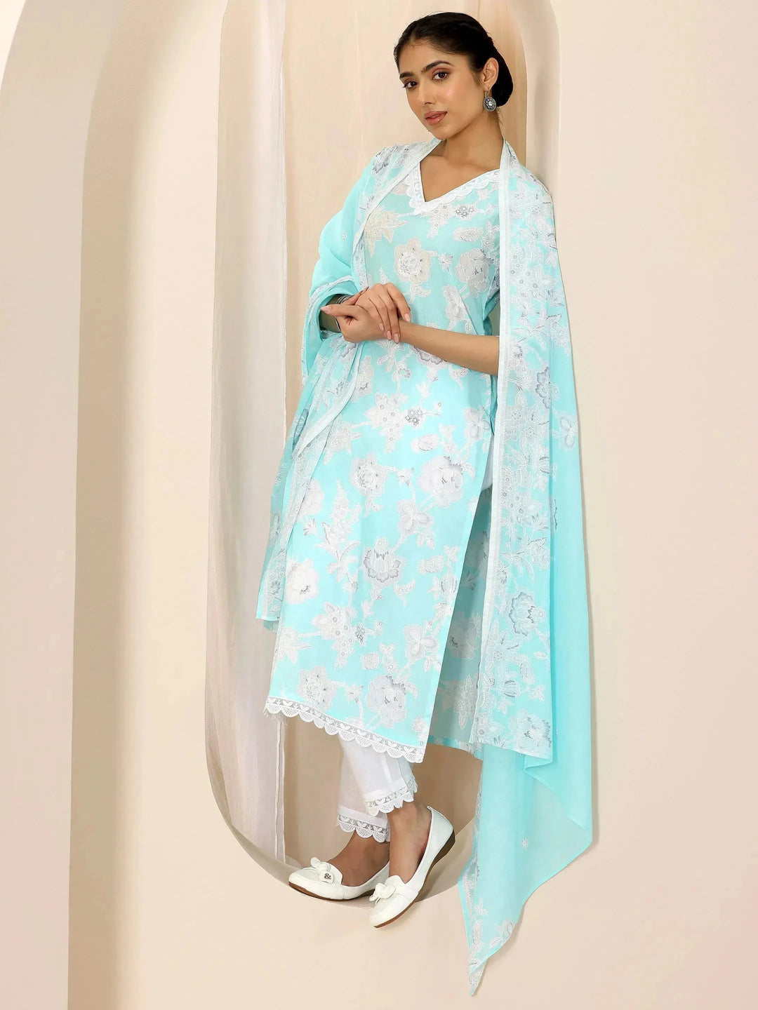 Blue Printed Cotton Straight Suit Set With Dupatta 