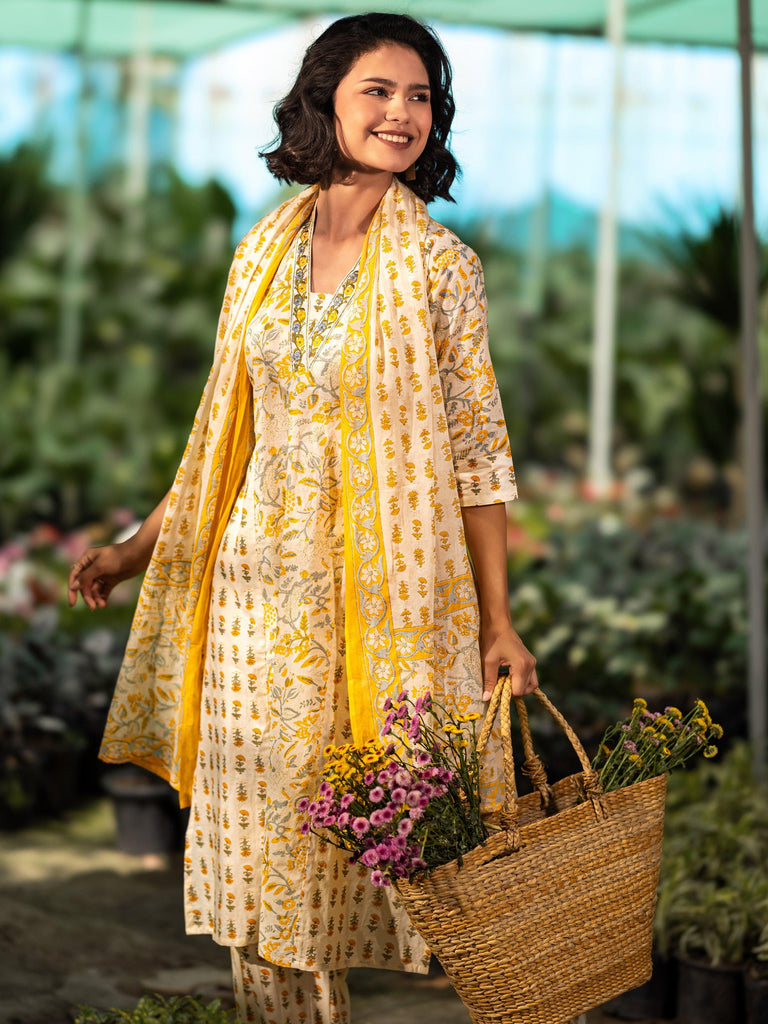 Libas Yellow Printed Cotton A-Line Suit Set With Dupatta