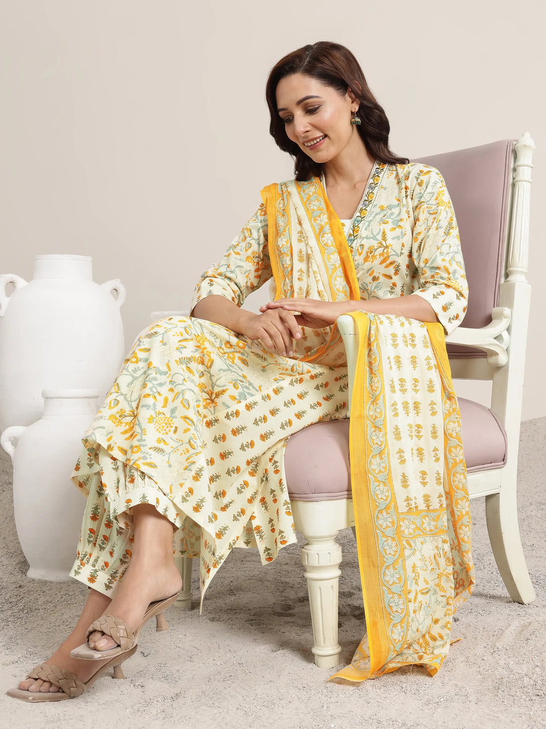  Yellow Printed Cotton A-Line Suit Set With Dupatta 