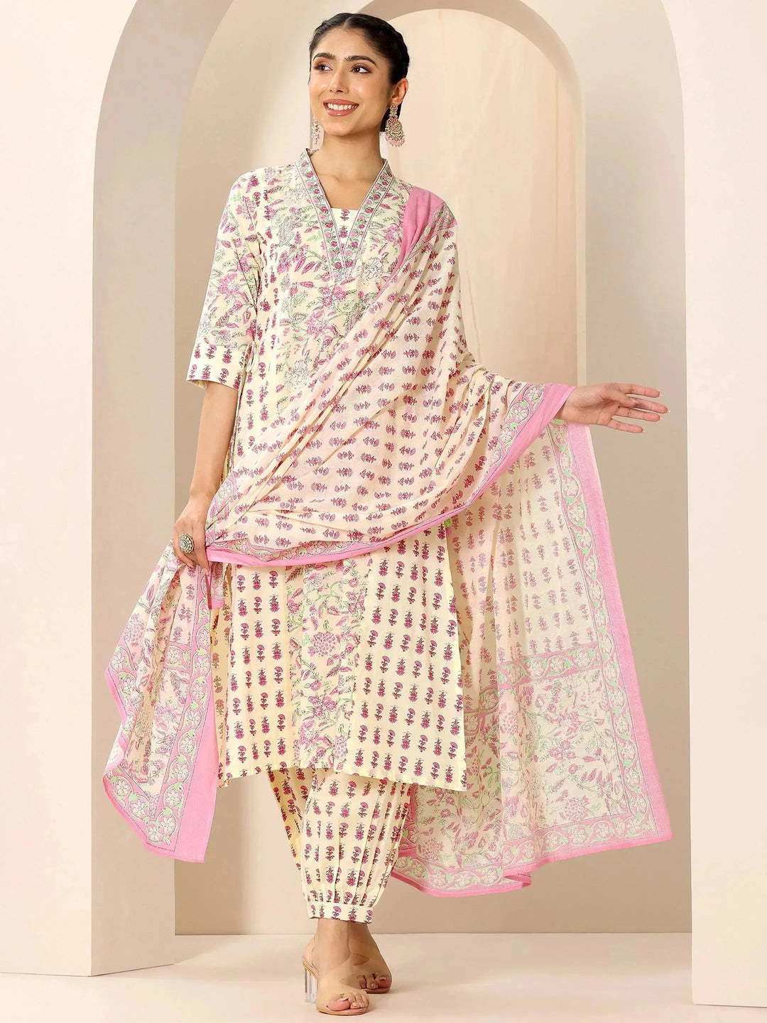  Pink Printed Cotton A-Line Suit Set With Dupatta 