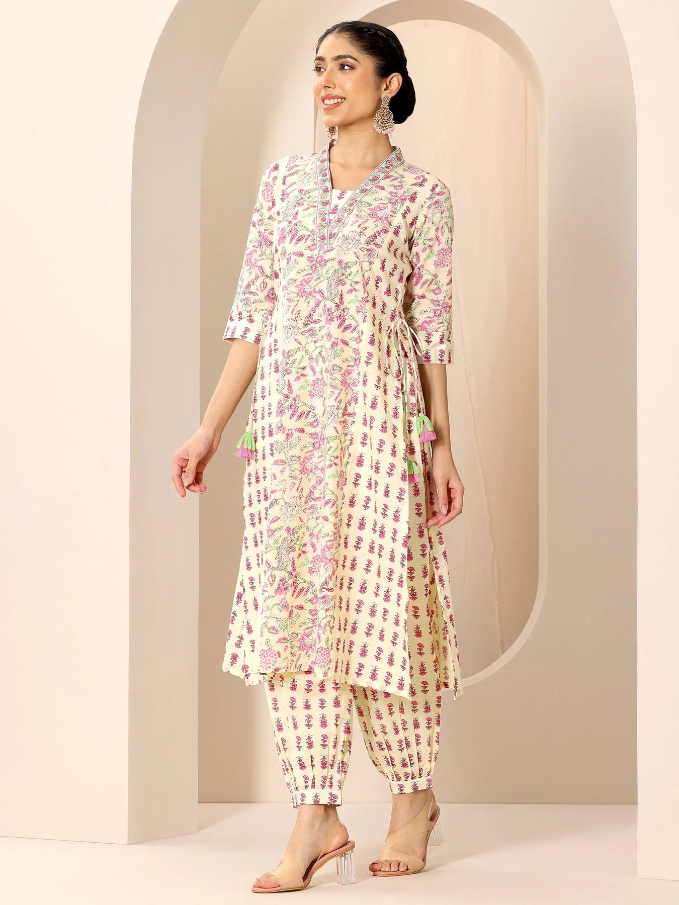 Purple Printed Cotton A-Line Suit Set With Dupatta