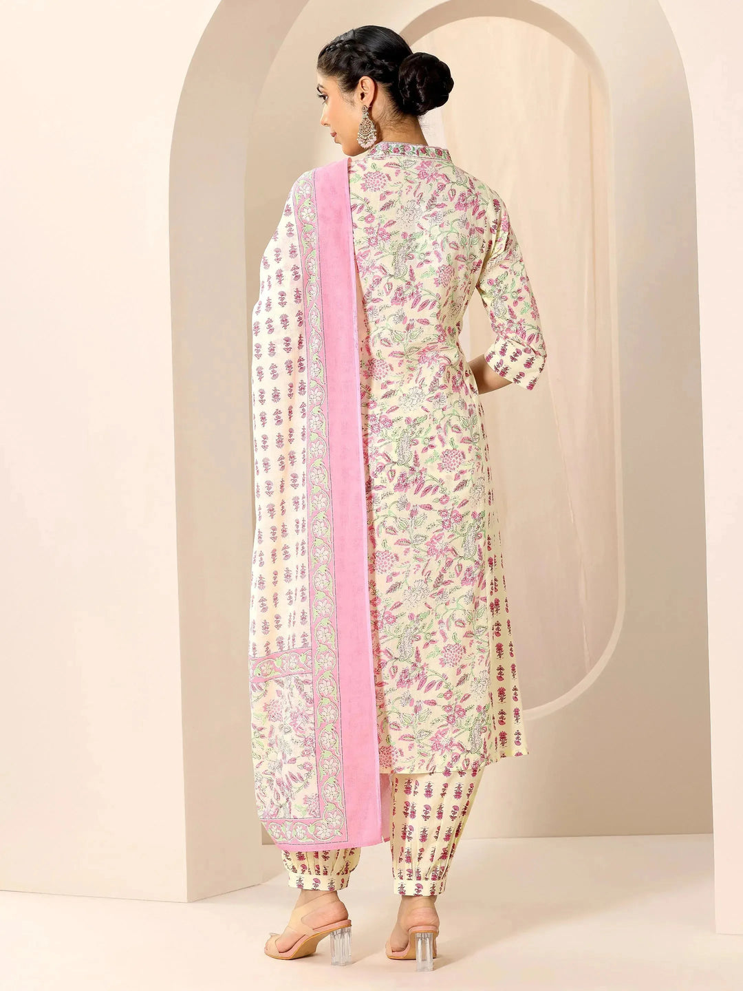  Pink Printed Cotton A-Line Suit Set With Dupatta 