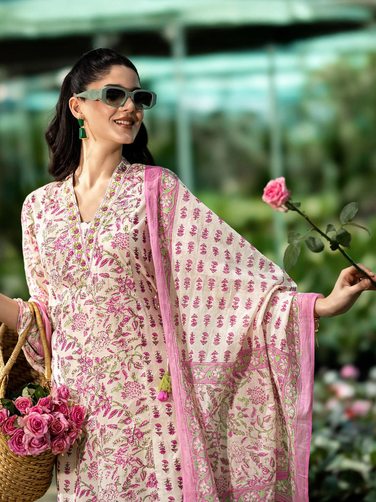 Libas Pink Printed Cotton A-Line Suit Set With Dupatta