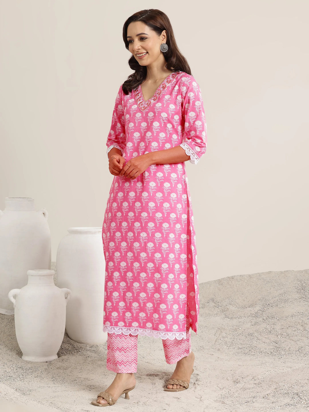  Pink Printed Cotton Straight Suit Set With Dupatta 