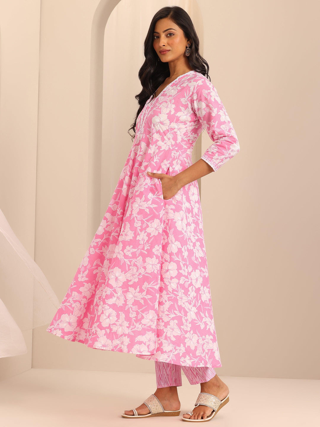  Pink Printed Cotton Anarkali Suit Set With Dupatta 