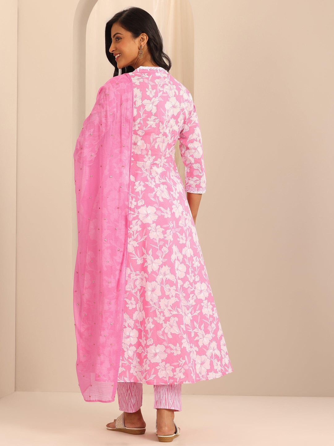  Pink Printed Cotton Anarkali Suit Set With Dupatta 