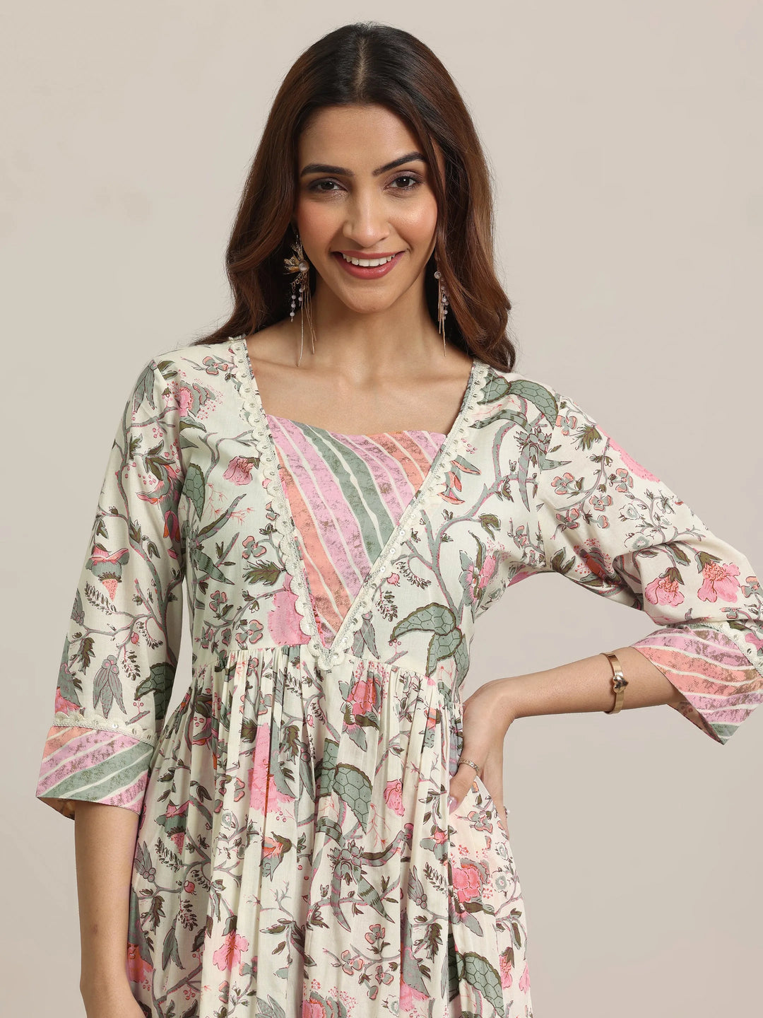  Off white Printed Cotton Anarkali Suit Set With Dupatta 