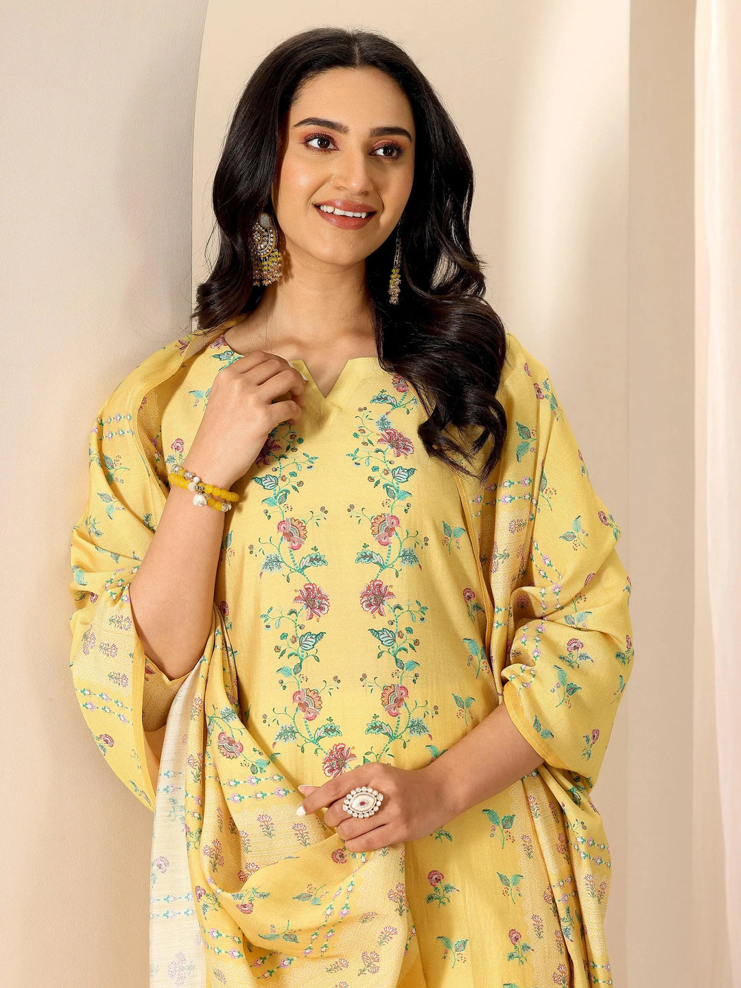  Yellow Printed Silk Blend Straight Suit Set With Dupatta 