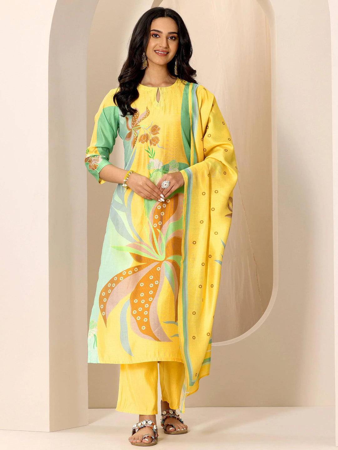  Yellow Printed Silk Blend Straight Suit Set With Dupatta 
