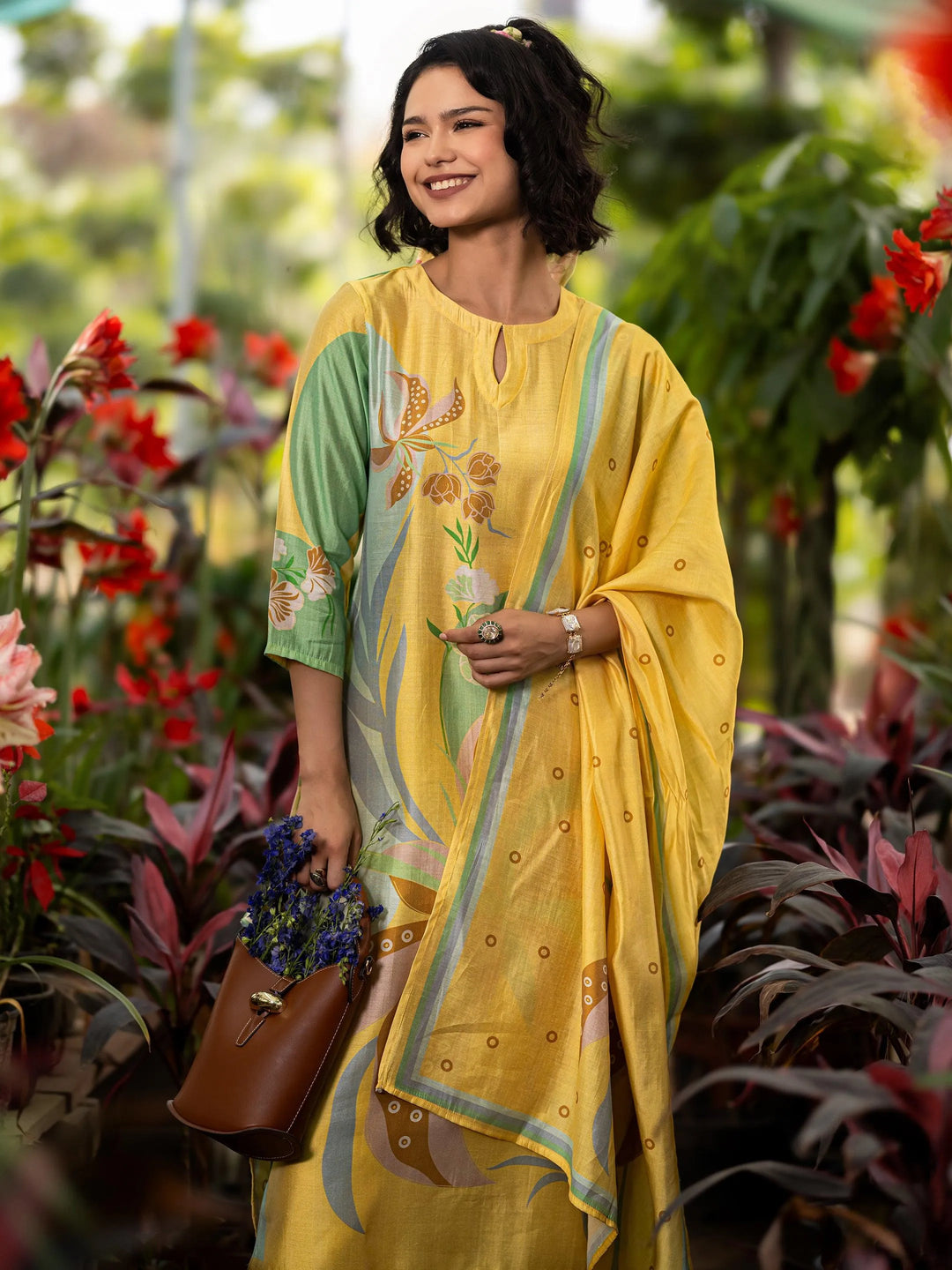 Yellow Printed Silk Blend Straight Suit Set With Dupatta 