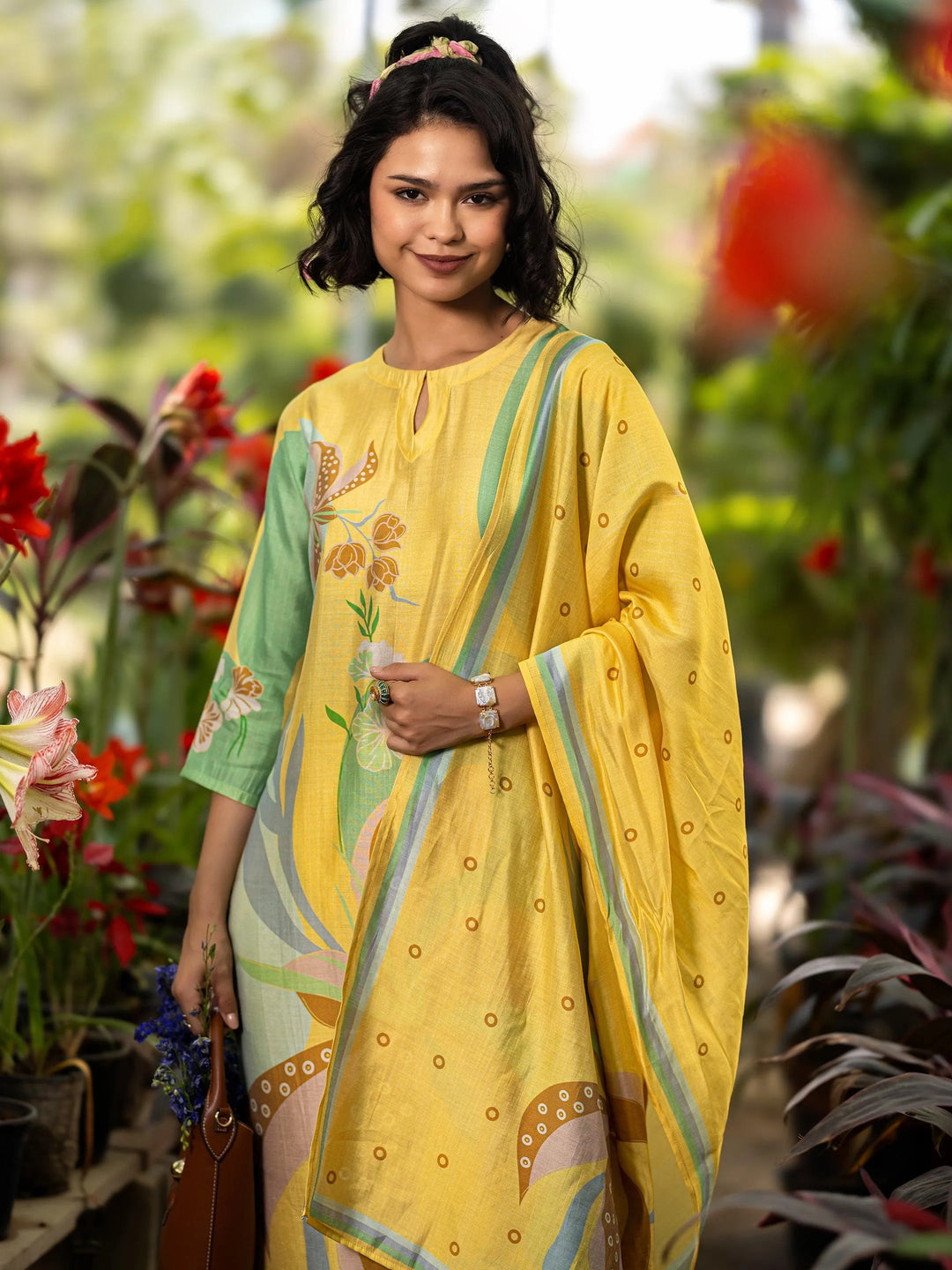  Yellow Printed Silk Blend Straight Suit Set With Dupatta 