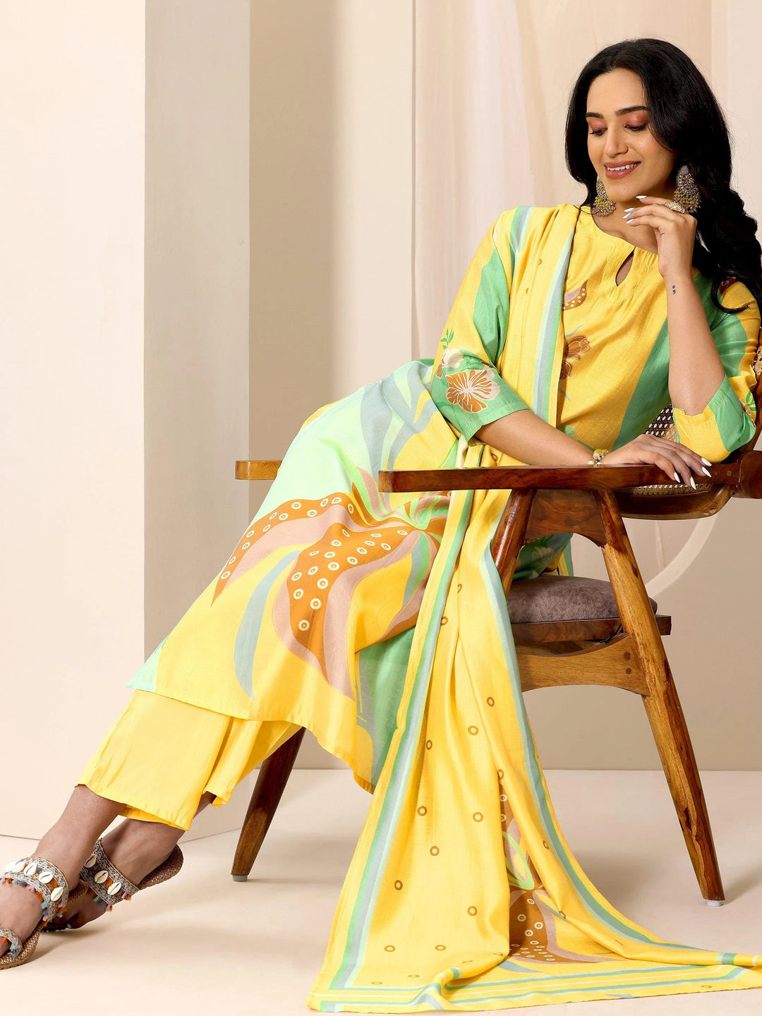  Yellow Printed Silk Blend Straight Suit Set With Dupatta 