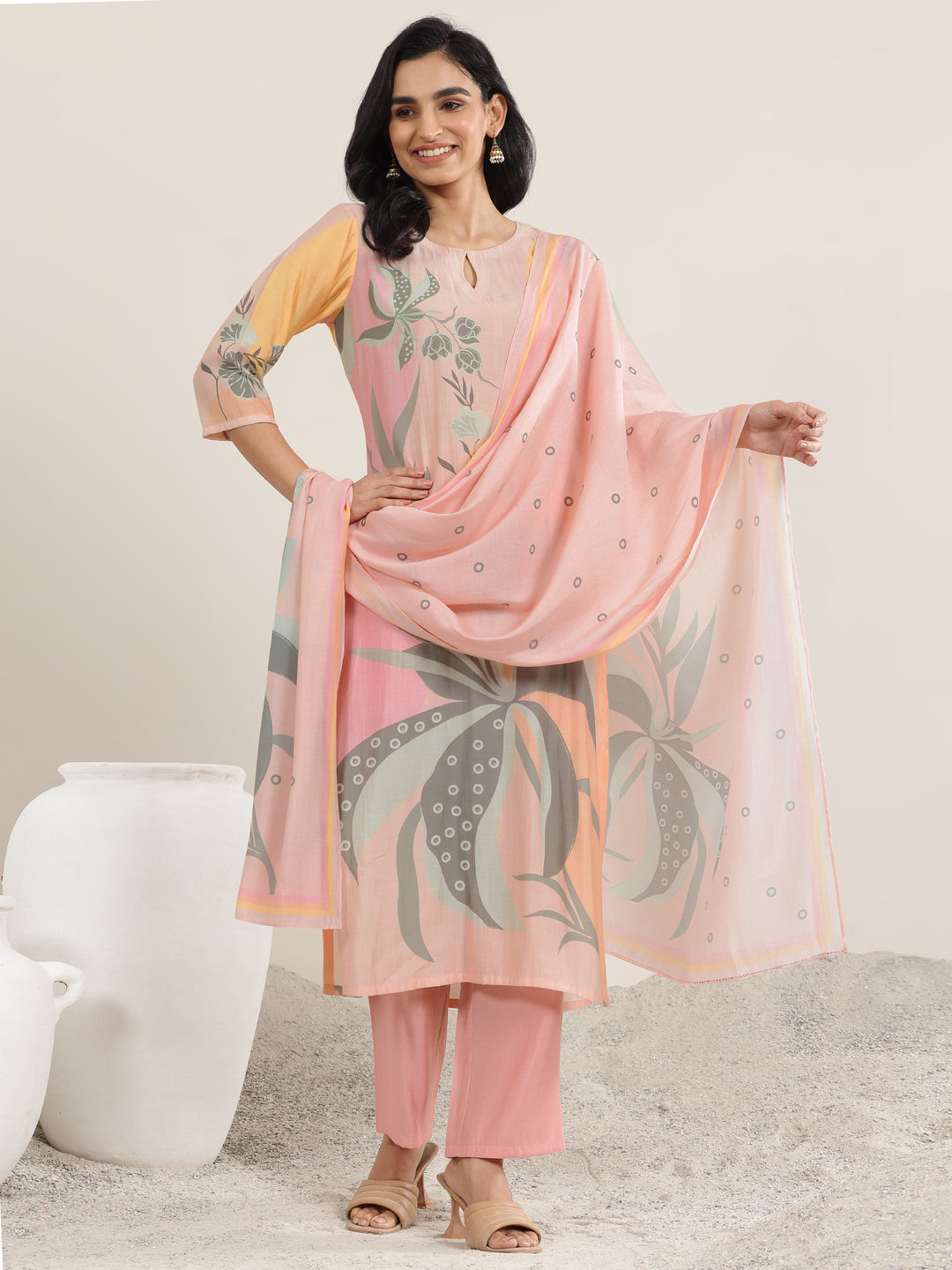  Peach Printed Silk Blend Straight Suit With Dupatta 