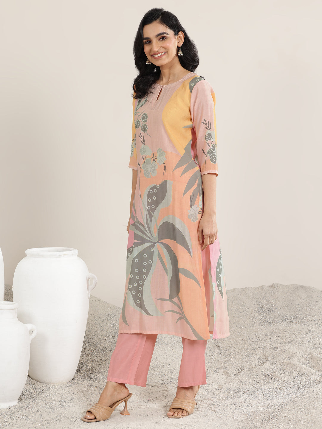  Peach Printed Silk Blend Straight Suit With Dupatta 