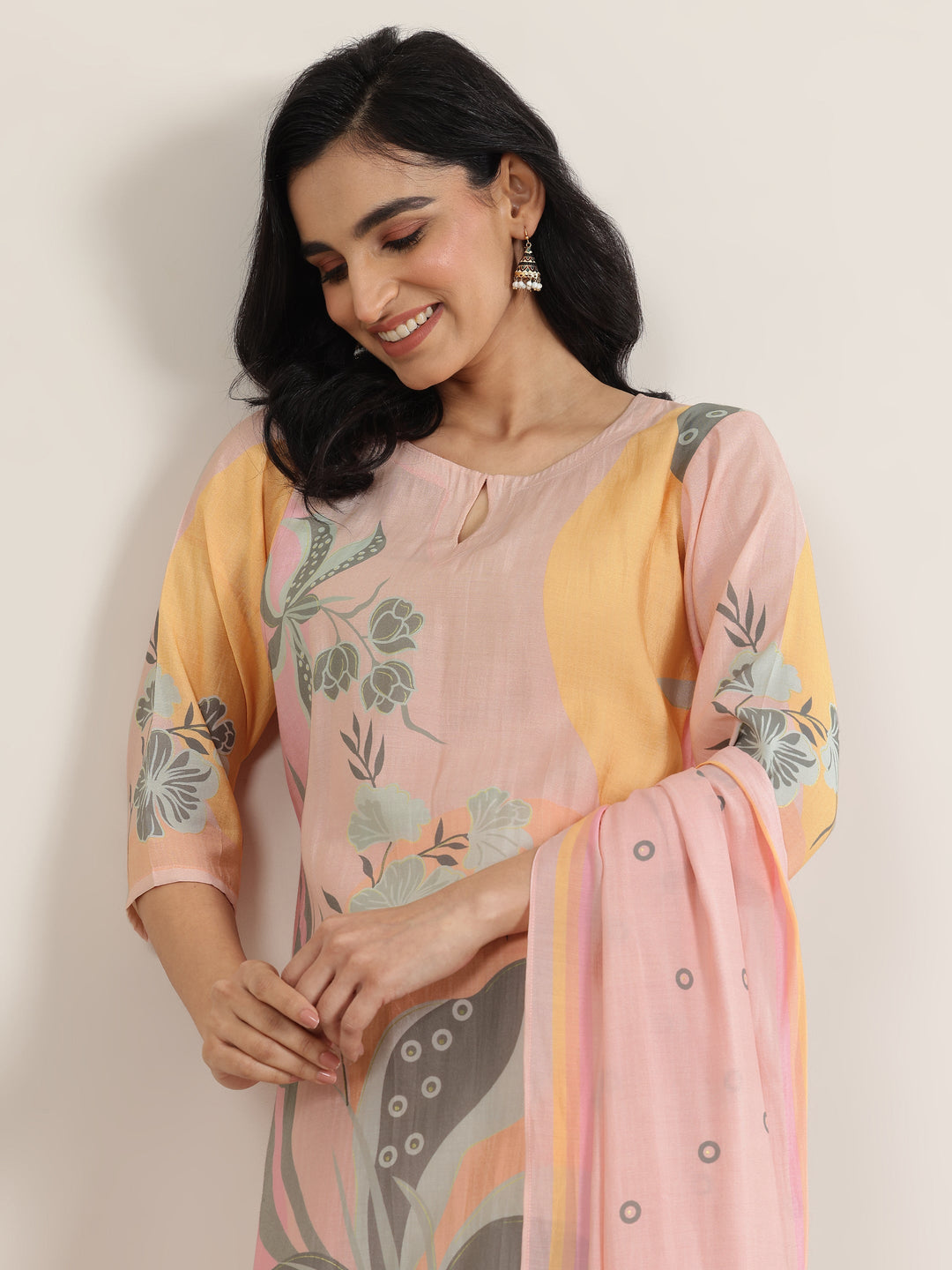  Peach Printed Silk Blend Straight Suit With Dupatta 