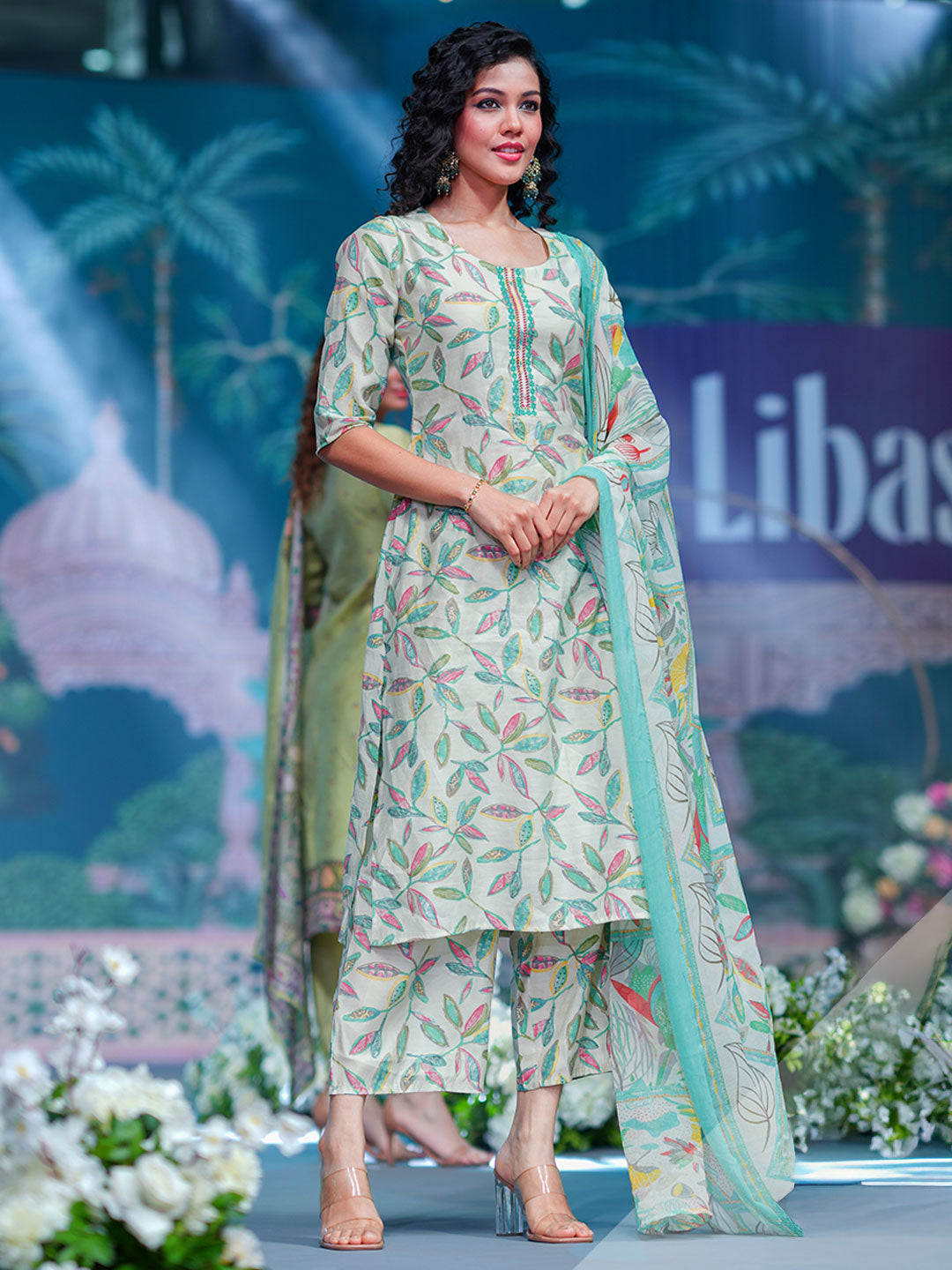 Off white Printed Silk Blend Straight Suit With Dupatta