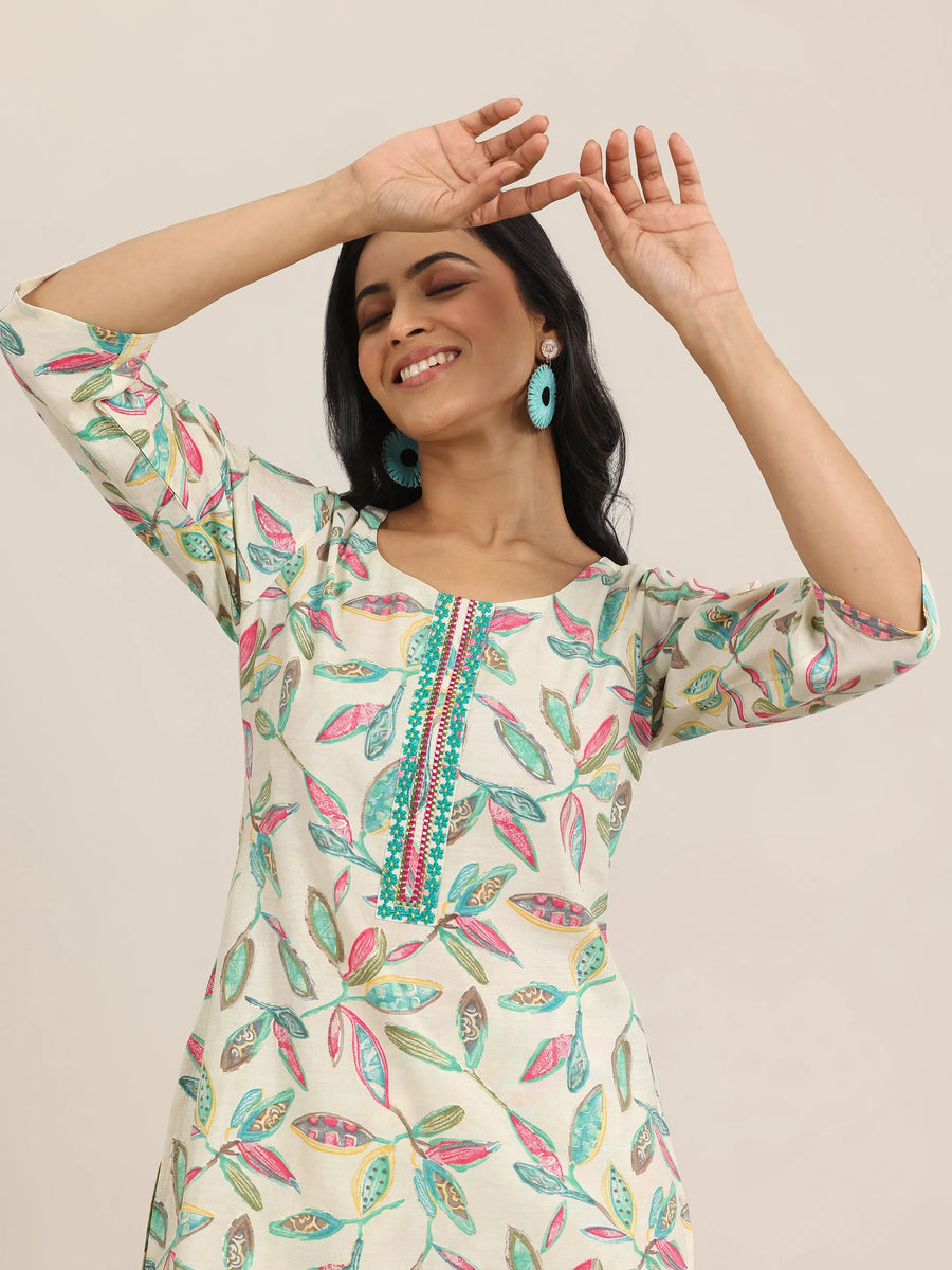 Off White Printed Silk Blend Straight Suit With Dupatta