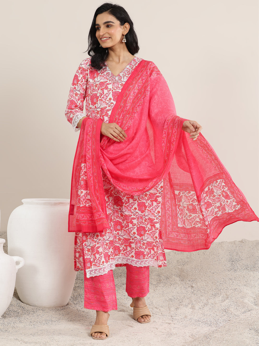  Coral Printed Silk Blend Straight Suit With Dupatta 