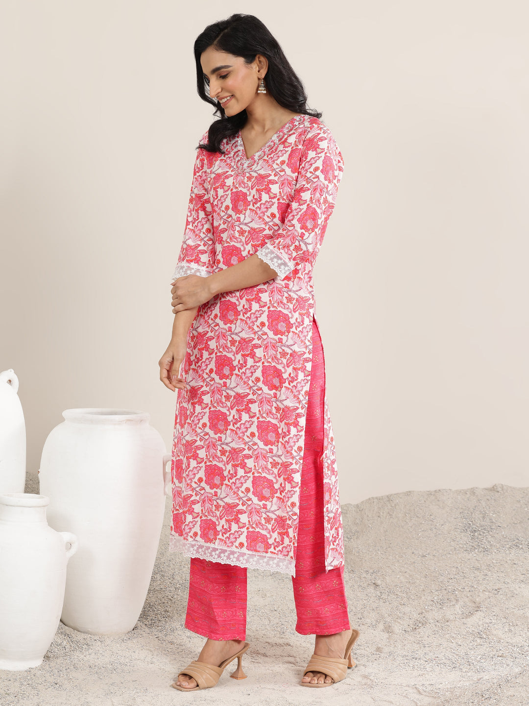  Coral Printed Silk Blend Straight Suit With Dupatta 