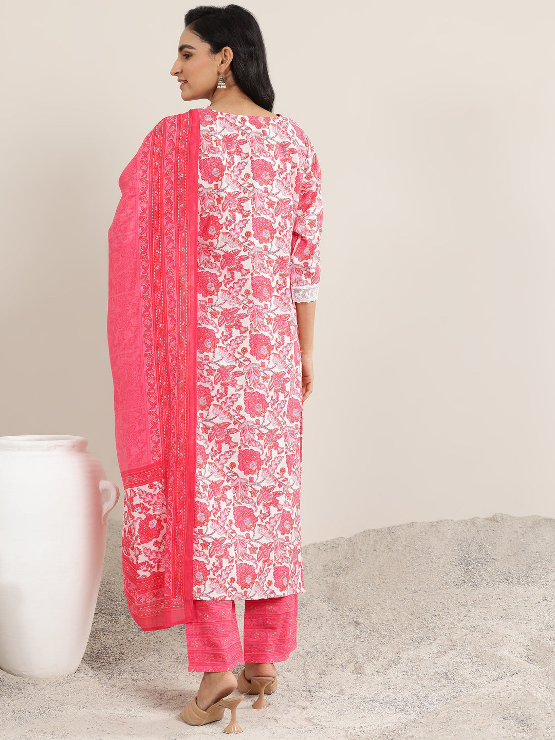  Coral Printed Silk Blend Straight Suit With Dupatta 