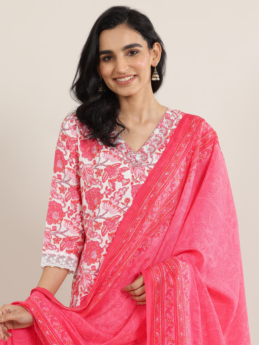  Coral Printed Silk Blend Straight Suit With Dupatta 
