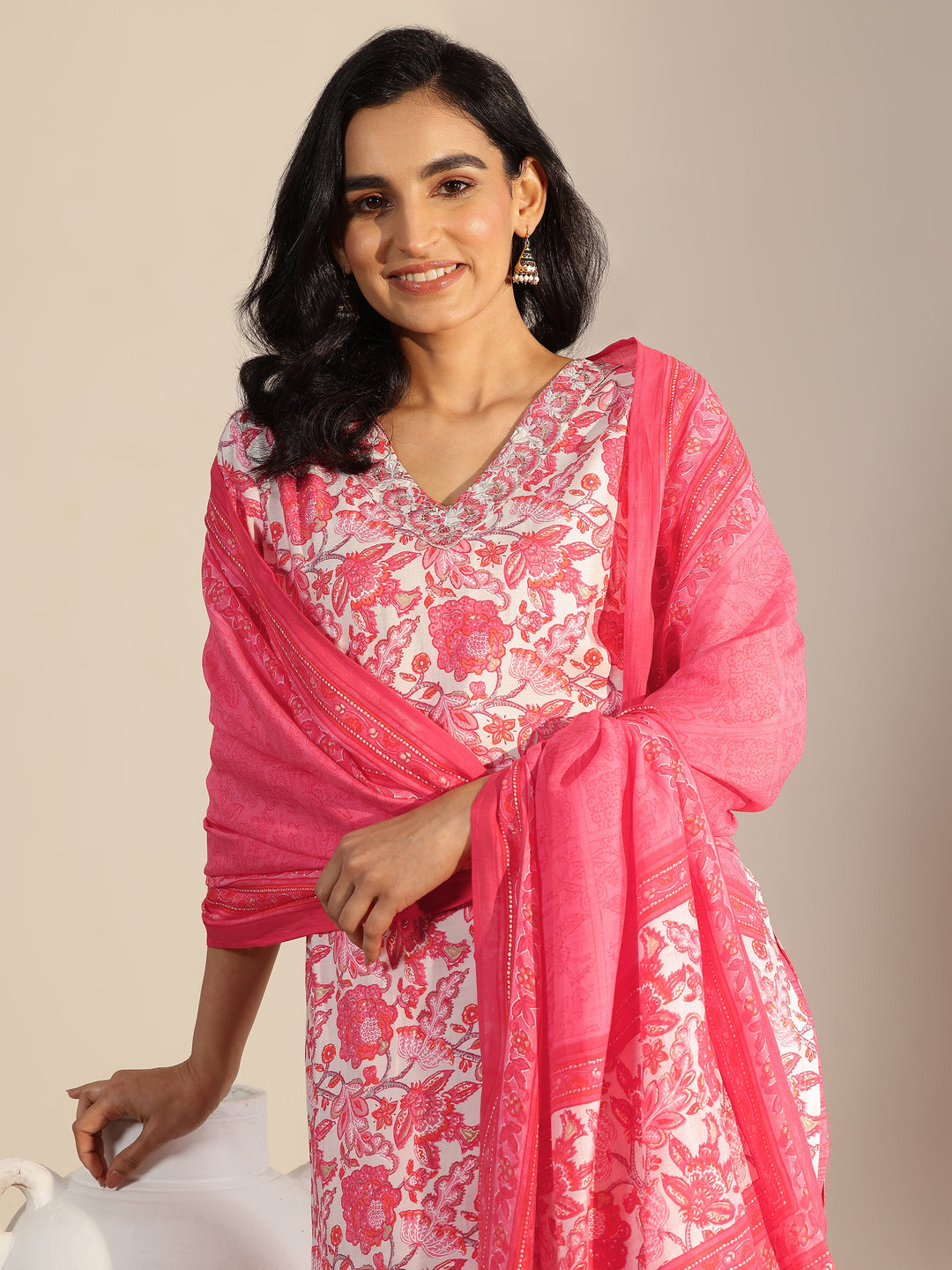  Coral Printed Silk Blend Straight Suit With Dupatta 