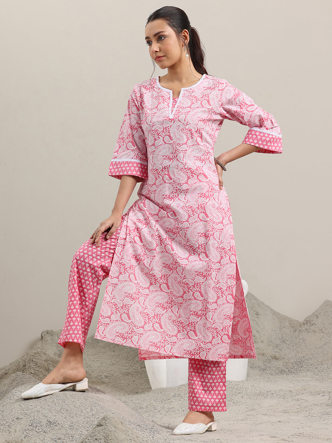 libas Pink Printed Cotton Straight Kurta With Trousers-picture-24