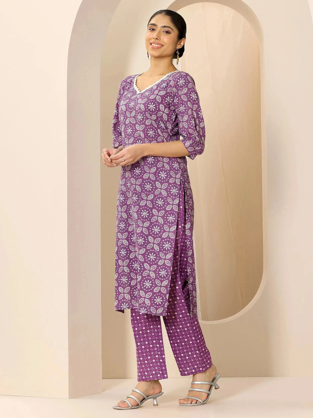  Purple Printed Pure Cotton Straight Kurta Set 