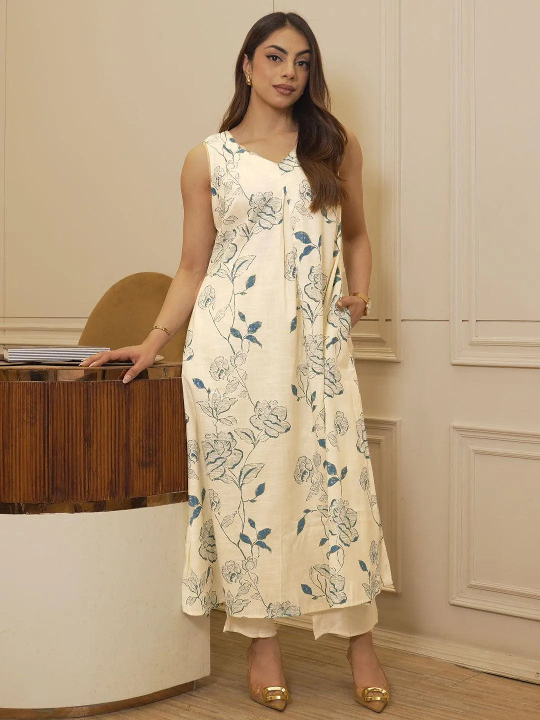 Off white Printed Silk Blend A-Line Kurta Set