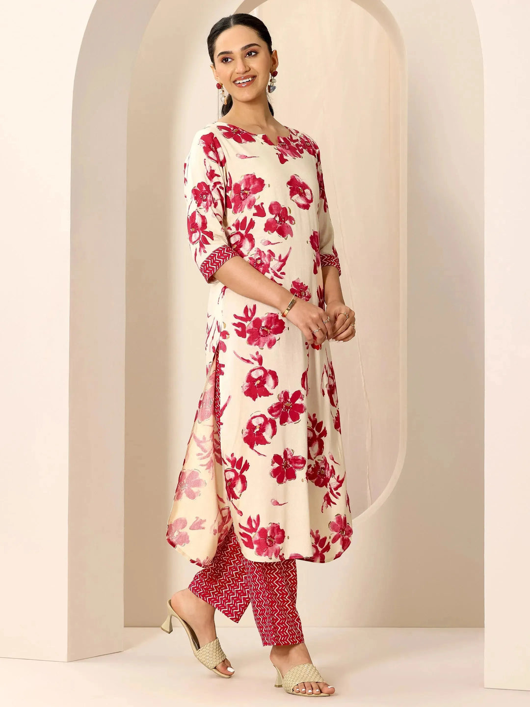  Red Printed Viscose Rayon Straight Kurta Set 