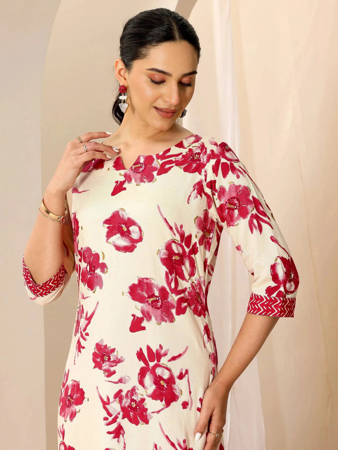  Red Printed Viscose Rayon Straight Kurta Set 