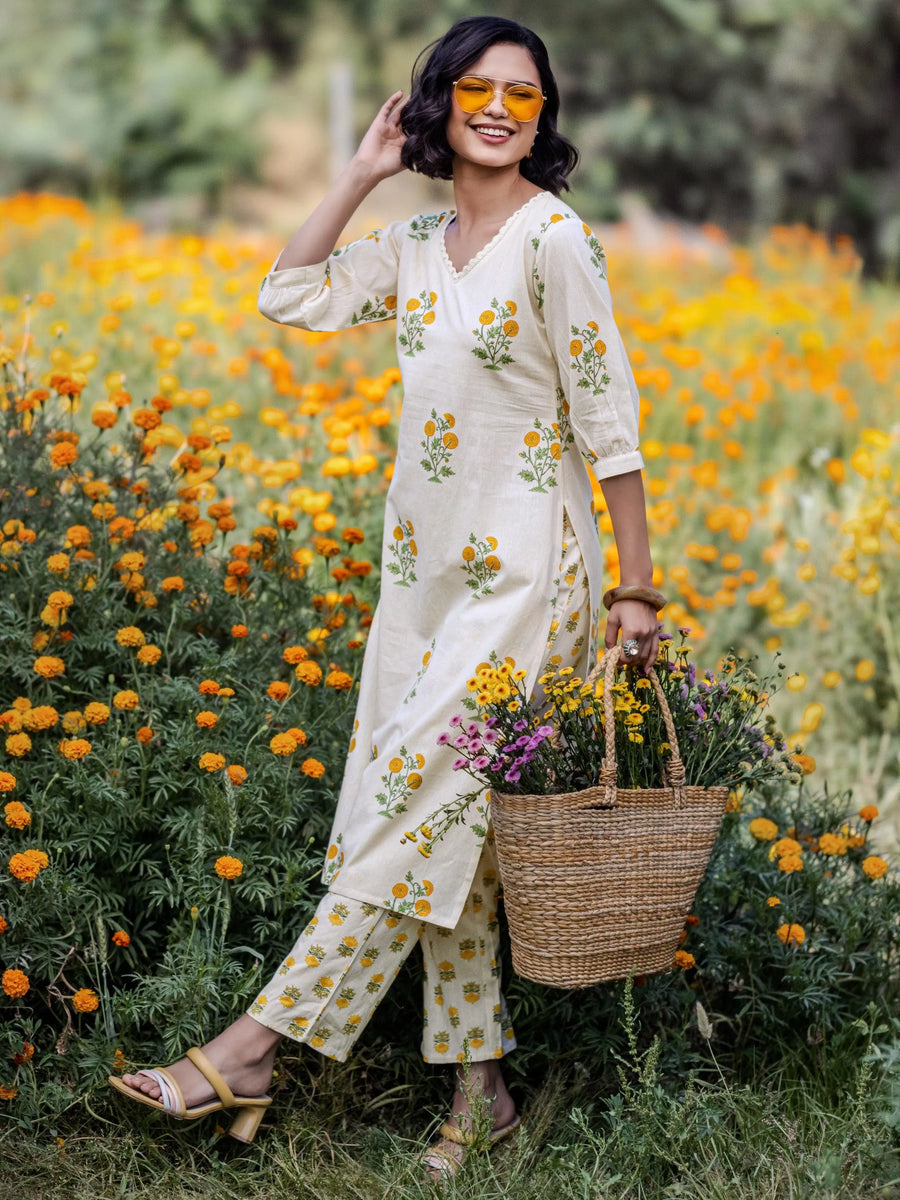 Off White Printed Cotton Straight Kurta Set