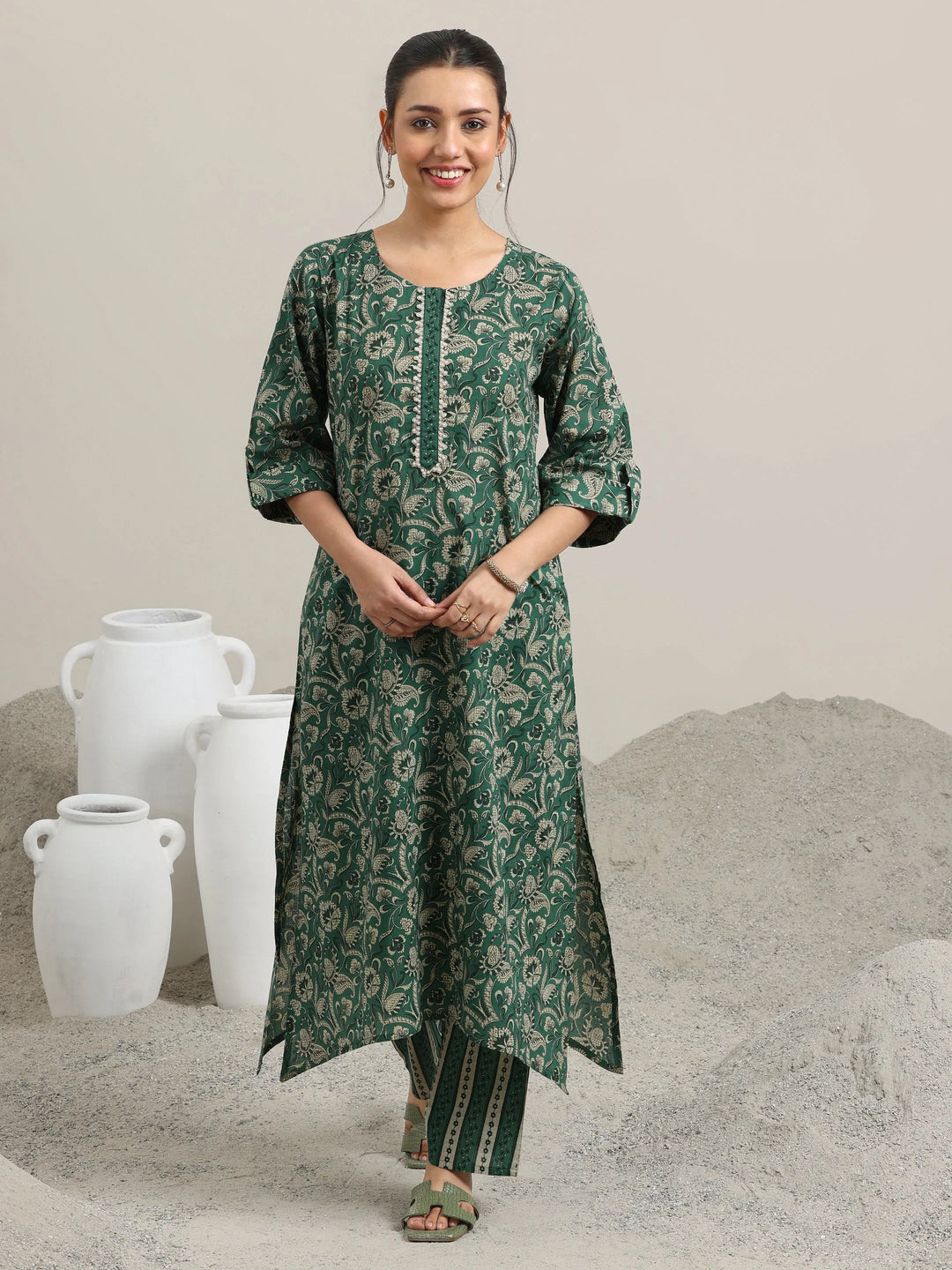  Green Printed Cotton Straight Kurta With Palazzos 